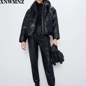 ZA Dames Zwart Bont Faux Lederen Jas Oversized Zipper Winter Vrouwelijke Dikke PU Hooded Jacket Overjas Hoge Kwaliteit 210510