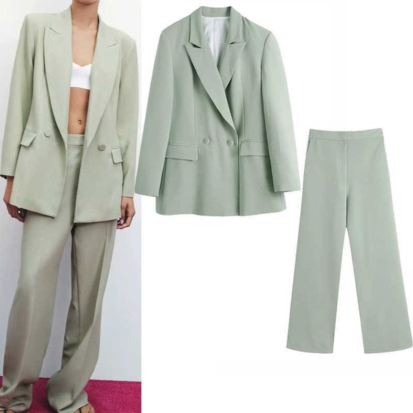 Za femmes Blazer ensembles vert élégant costume veste femme deux pièces Double boutonnage taille élastique pantalon droit 210930