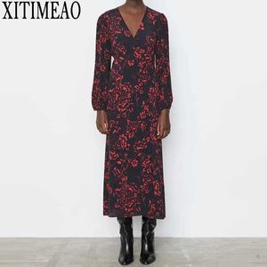 ZA Dames Jurken Herfst Winter Vintage Print Casual Lange Mouw Retro V-nek Vrije tijdvakantie Rechte Potlook Rok 210602