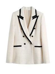 ZA Vrouwen Mode Double Breasted Tweed Blazer Jas Vintage Lange Mouwen Zakken Vrouwelijke Bovenkleding Chic Jasje 240201