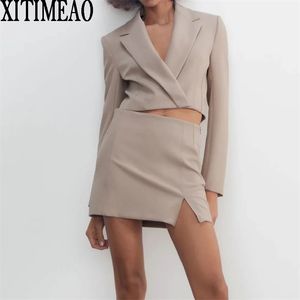 ZA femmes mode taille haute court costume manteau Vintage femme survêtement fendu fesse jupe 2 pièces ensemble XITIMEAO 211006