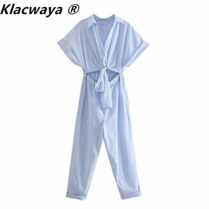 ZA Women Knot Decoratie Poplin Solid Color V Nek Jumpsuits Chic Ladies Short Sleeve Casual Rompers 210521