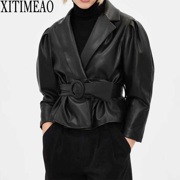 ZA Femmes Chemise en cuir Street Personnalité Pu Veste Automne Hiver Casual Manches longues Tops Manteau court avec ceinture XITIMEAO 210602