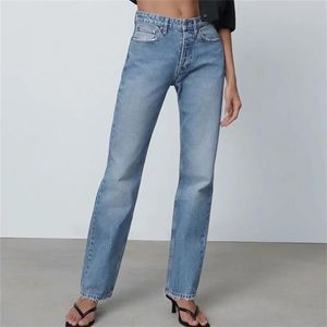 ZA femmes bleu clair copain jambe droite jean lavé pleine longueur taille moyenne maman denim pantalon poche polyvalent pantalon 211111