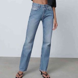 ZA femmes bleu clair petit ami jambe droite jean lavé pleine longueur taille moyenne maman denim pantalon poche polyvalent pantalon 211129