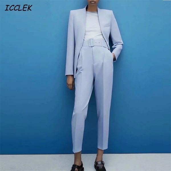 Za femmes pantalon costume bureau Blazer solide vestes élégant manteau femme 2 pièces ensemble mince tenue avec ceinture taille haute pantalon 210819