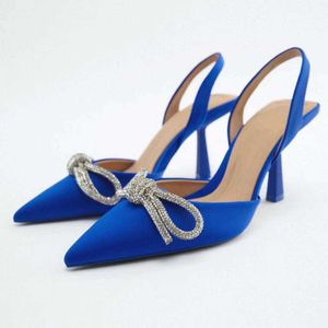 ZA Zapatos de mujer Primavera/Verano Nuevo producto Zapatos de mujer Zapatos de tacón alto con lazo de diamantes de imitación azules con diadema y espalda puntiaguda con sandalias huecas 231227