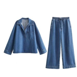 ZA dames groothandel lente nieuwe set gewassen blauw denim shirt + elastische hoge taille wijde pijpen broek 1209427