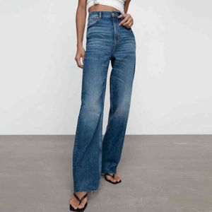 ZA femmes stretch polyvalent jeans droits délavé pleine longueur bleu denim pantalon poche lâche mode taille haute pantalon dame 211129