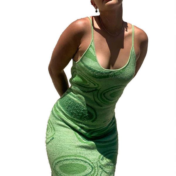 Za femmes été imprimé psychédélique Cami tricoté vert bleu robes évider moulante Midi Sexy femme Chic robe 210604