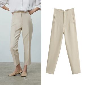 Za Femmes Pantalons Costumes Taille Haute Pantalon Printemps Mode Bureau Dame Beige Élégant Pantalon Décontracté Pantalon Pour Femme 220325