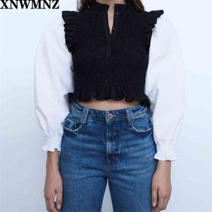 Za Femmes Vintage Puff Manches Patchwork Élastique Slim Smock Blouse Bureau Dames Sweet Agaric Dentelle Chic Chemises Tops Haute Qualité 210510