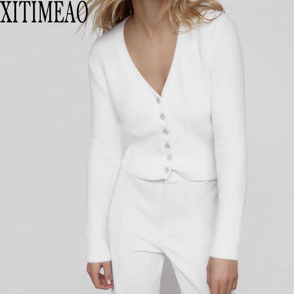 ZA femmes blanc Mohair bouton solide tricoté Cardigan pull Slim Fit col en v à manches longues dames mode automne 210602