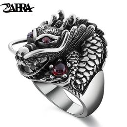 Zabra 100% Solid 925 Pure Silver Dragon Red Zirkon Eye Dominator Mens Ring Vintage Punk Vintage Big Gothic Ring Mens Jewelry240429