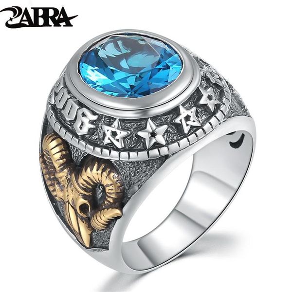 ZABRA 925 Argent Bleu Zircon Hommes Bague Vintage Pierre Punk Rock Or Tête de Mouton Thai À La Main Femmes Anneaux Bijoux En Argent Sterling 20246v