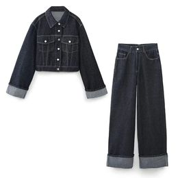 Zach Ailsa vroege lente dames denim jasje met opgerolde mouwen en opgerolde zoom jeans modeset met wijde pijpen 240105