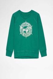 zadig et voltaire 23ss Designer Sweatshirt Mode Nouvelle Poulie Imprimer Hot Drill Vert Manches Raglan Femmes Pull Jumper