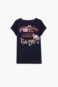 Zadig Voltaire 2023 Camiseta de diseñador para hombre ZV Letras clásicas detrás de la flor Diamante caliente Cuello en U Camiseta de manga corta para mujer
