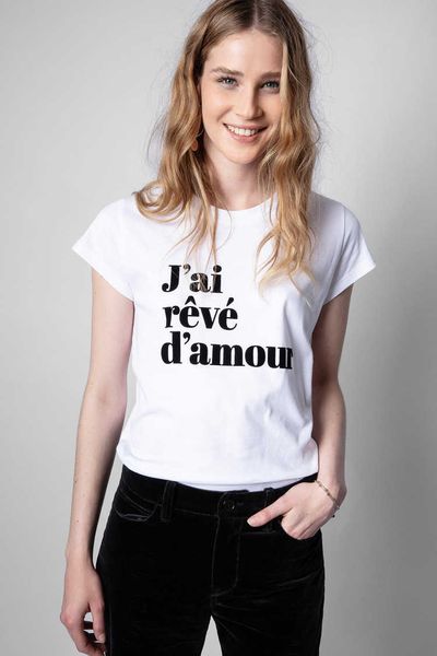 Zadig Voltaire 23ss Designer T-shirt printemps et été nouveau style français lettre ZV flocage ourlet arc coton femme col rond rouge T-shirt à manches courtes