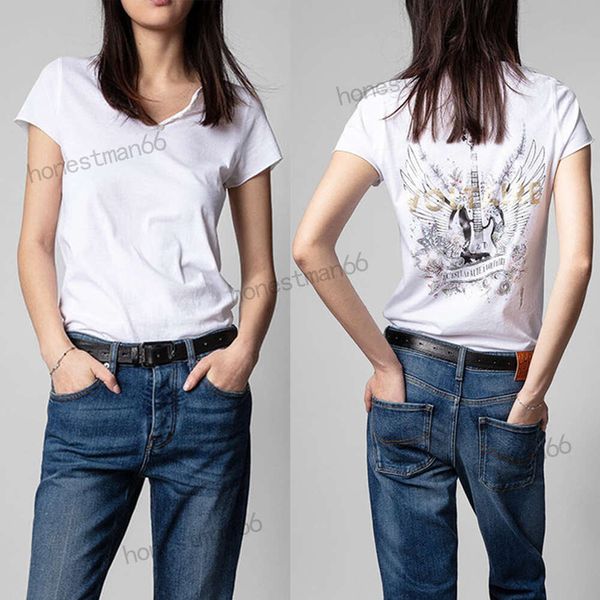 Zadig Voltaire 23SS Mujer Diseñador Moda Camiseta de algodón Nuevo zadig top Guitarra Estampado Estampado Cuello en V Blanco zadig voltaire suéter Camiseta de manga corta Camisetas de playa