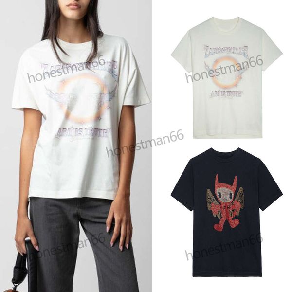 Zadig Voltaire 24SS impression numérique avant et arrière T-shirt ailes arc-en-ciel Nouveaux zadigs hauts coton fendu femmes designer mode t-shirt à manches courtes Beach Tees