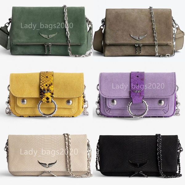 Zadig Voltaire Bolso ZV Cadenas Bolsos con remaches Cuero de cocodrilo Lona Diseñador Alas Planchado de diamantes Mujer Bolso de hombro de gamuza Bolso con remaches Monedero cruzado 3 tamaño