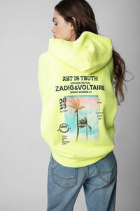Zadig Voltaire Classic Fashion Pure Coton Tops Sweat Sweat Small Wings Coconut Tree White Ink Print numérique Pull à capuche en toison intérieur pour femmes
