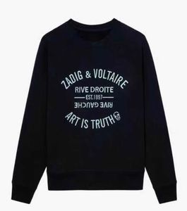 Zadig Voltaire Diseñador Sudadera con capucha Zv Jersey Mujer Negro Clásico Letra Bordado Algodón Blanco Suéter Suelto