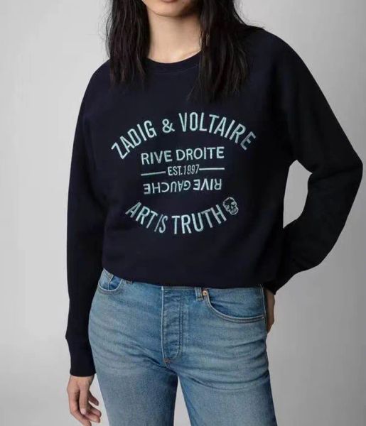 Zadig Voltaire bordado con capucha ZV diseñador pulóver mujeres clásicas letras de algodón sudaderas suéter suelto sudaderas con capucha abrigo