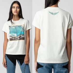 Zadig Voltaire Nouvelles Femmes Designer Tide T-shirt 24 Début Printemps Bleu Voiture Encre Blanche Impression Numérique Diamant Chaud Abricot Décontracté Polyvalent À Manches Courtes T-shirt Hauts À La Mode