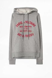 Zadig Voltaire dames sweatshirt pullover ZV Letter printing Hot Diamond Treasure Blue Cotton Fleece hoodie voor vrouwen