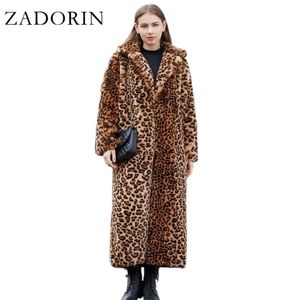 Zadorin High Street Leopard Print Long Faux Fur Coat Veste floue pour femmes Moiffeurs et vestes en peluche de lapin d'hiver 211129