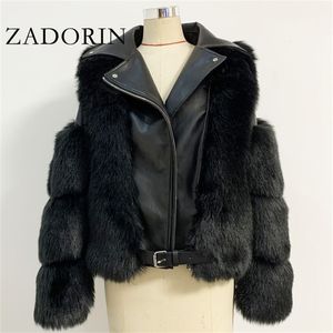 Zadorin Top Mode Luxe Fausse Fourrure Manteau Moto PU Cuir Turn Down Col Chaud Fausse Fourrure Veste Femmes 2020 Hiver Nouveau LJ201021