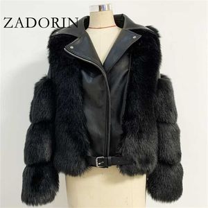 Zadorin Top Fashion Luxe Faux Bontjas Motorcycle PU Lederen Turn Down Collar Warm Faux Jas Dames Winter 211110