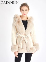 ZADORIN – manteau d'hiver pour femme, capuche en fourrure, daim, fausse fourrure noire avec ceinture, veste Cardigan épaisse et chaude, 2023, 231228