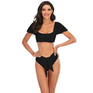 ZAFUAZ sexy solide tankini bikini sport bandeau maillot de bain Puff manches courtes taille haute dos nu maillot de bain Beach Wear 210604