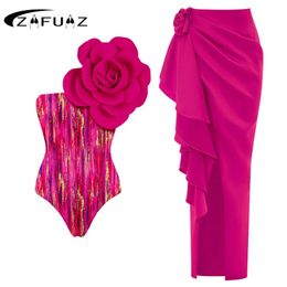ZAFUAZ Sexy maillot de bain jupe été femmes licou 3D fleur maillot de bain imprimé robe de plage couvrir Monokini maillot de bain 240328