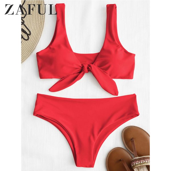 ZAFUL 2020 Rembourré Noeud Avant Bikini Ensemble Femmes Bretelles Solide Mi Taille Maillot De Bain Sexy Maillots De Bain Maillot De Bain Beachwear T200708