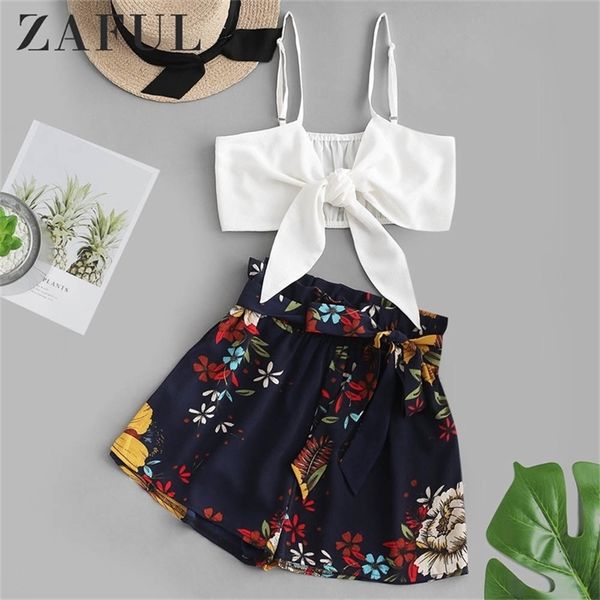 Estampado floral Crop Belted Paperbag Shorts Set Sleeveles Casual Loose Belted Estampado floral Conjuntos de dos piezas T200325