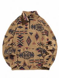 Sweat à capuche à col roulé pour hommes Zaful Faux Sherpa Sweats à glissière Ethnique Imprimé Fluffy Streetwear Pull à capuche Z5051921 u3p1 #