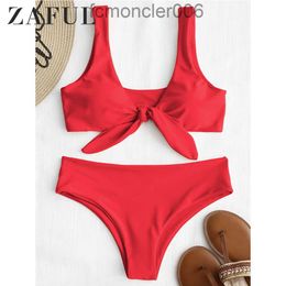 Zaful Gewatteerde Knoop Bikini Set Vrouwen Bandjes Solid Mid Taille Badpak Sexy Badmode Zwempak Beachwear T200708 F526