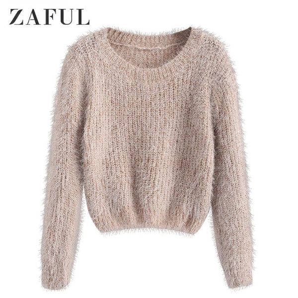 ZAFUL Pullover Fuzzy Heathered Sweater Fluffy Faux Fur Corto cuello redondo Elástico Daily Women Sweater Otoño Invierno Pullovers Tops