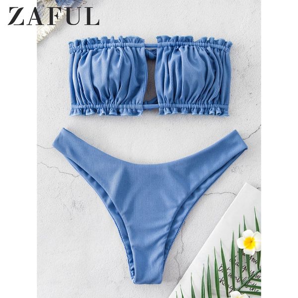 ZAFUL-Bikini Bandeau con lazo acanalado para mujer, traje de baño Sexy sin tirantes, Bikini fruncido con recortes, conjuntos de Bikini elásticos de corte alto y pierna alta