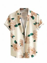 Zaful Chemise pour Hommes Satin Motif Floral Manches Courtes Blouses Col Montant Chemises Soyeuses pour Vacati Quotidien Haut M94t #