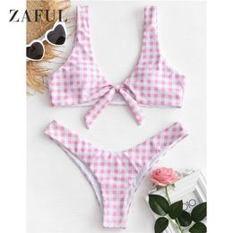 ZAFUL Tie Front Plaid String Bikini Ensemble Noué Femmes Maillot De Bain High Cut Maillots De Bain Sexy Brésilien Biuqni Plongeant Cou Maillot De Bain T200508