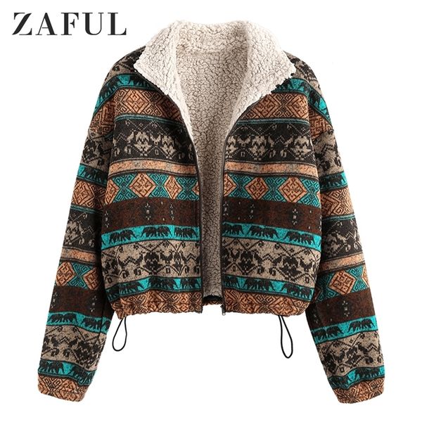 ZAFUL Tribal Print Plaid Fausse Fourrure Doublée Veste Femmes Taille Haute Sweats Sweats Automne Printemps Vintage Vestes Manteaux Outwear 201210