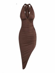 zaful Halter voor dames, vastgebonden met ruches, Slinky, asymmetrische Midi Party Vegas Dr 76a2#