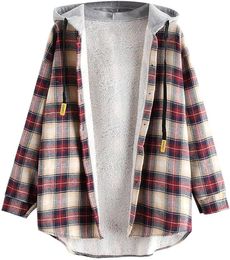 ZAFUL Veste à capuche doublée en polaire pour femme - Manteau surdimensionné et pelucheux - Veste à capuche en flanelle à carreaux