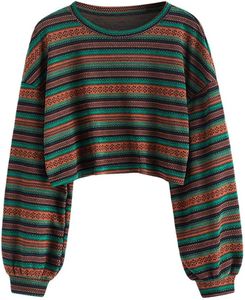 ZAFUL Jersey de punto bohemio con gráfico étnico tribal para mujer, suéter de manga larga, Top de punto con hombros caídos bohemios