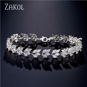 Zakol Classic Leaf Shape Cumbic Zirconia Chain Link Bracelets Luxury CZ Bracelet de pierre brillante Bijoux de mariage BP2173 240423